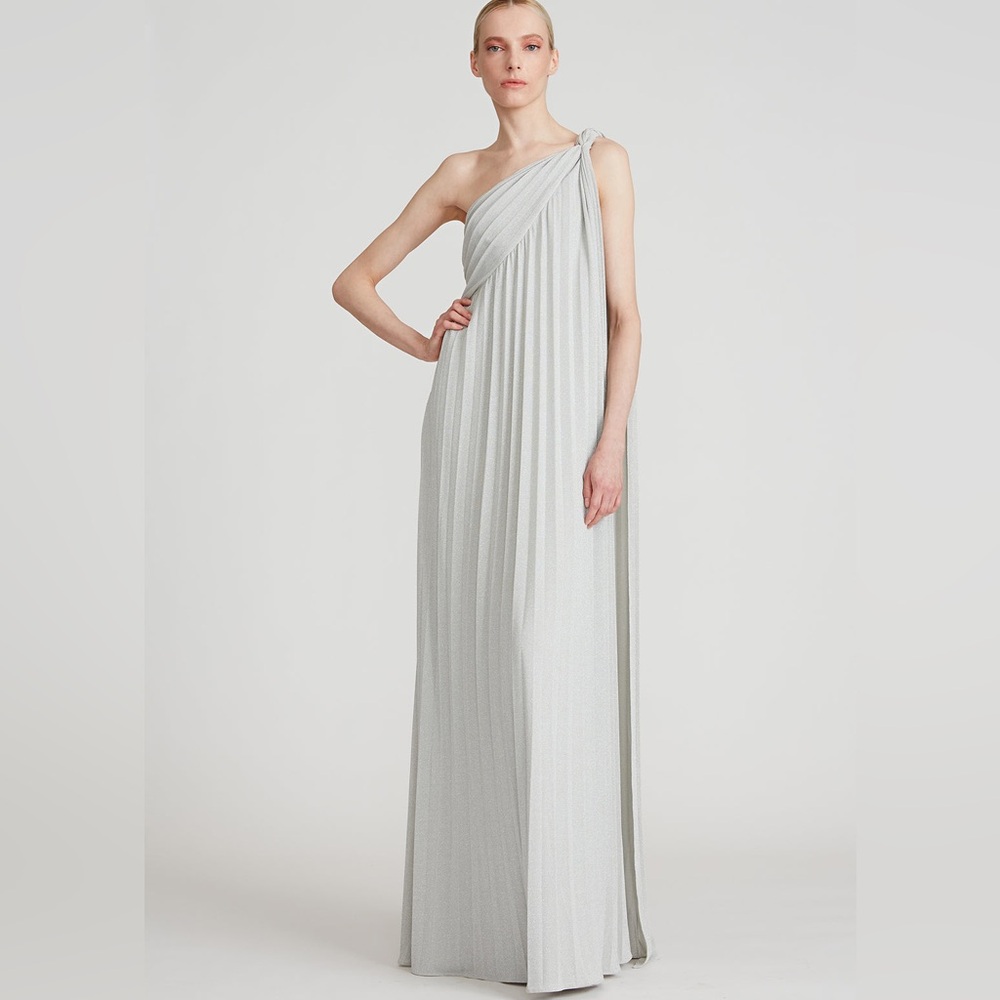 HALSTON PRIYA KNIT PLEATED GOWN Shimmer Silver One Shoulder Size 6